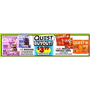 Ollie's, in store, 4 count Quest overload protein bars or 4 ct protein tortilla chips, $3.99