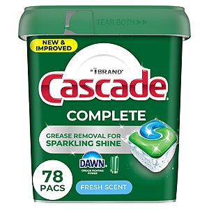 Cascade Complete Dishwasher Pods - Fresh Scent ActionPacs, Dishwasher Detergent, Dishwasher Soap, Detergent Pods, 78 Count~$14.94 After Coupon & S&S @ Amazon