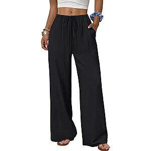 Sampeel Wide Leg Pants for Women Flowy Palazzo Drawstring Elastic Waist Trousers with Pockets Summer Beach Vacation Clothes $17.99