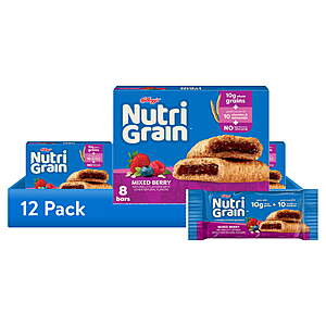 $14.26 - (12-pack x 8-count = 96 total) Nutri-Grain Breakfast Bars, Made with 10g Whole Grains, Snack Bars, Mixed Berry, 10.4oz Box