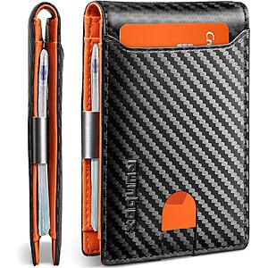 RUNBOX RFID Blocking Leather Bifold Slim Wallet w/ Money Clip (Carbon Black & Orange) $9.99 + Free Shipping w/ Prime or on $35+