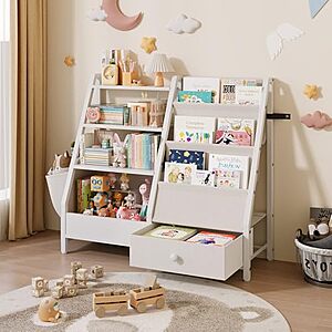 3-Tier 29.5" Kids Wooden Bookshelf & Toy Storage Organizer w/ Fabric Sling Pockets, Storage Bin and Drawer (White) $48.99 + Free Shipping