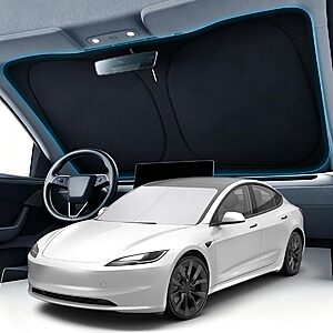 Metoware Quick Fold Double Layer Windshield Sun Shade for Tesla Model Y & Model 3 (2017-2026)| w/ Storage Bag $6.99 + Free Shipping w/ Prime or on $35+