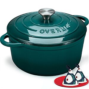 7-Qt Overmont Enameled Cast Iron Dutch Oven w/ Lid, Cookbook and Cotton Potholders (Bottle Green) $37.99 + Free Shipping