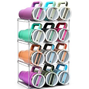 Acrylic Water Bottle Organizer, Hold Stanley 40 OZ Cup & Large Bottles & Tumblers w/Handle - Stackable Clear Bottle Holder Rack 4 Tier Hold 12 $8.99