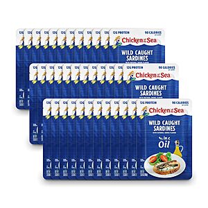$25.79 or less S&S CLIP Q YMMV Chicken of the Sea Sardines in Oil, 3.53 oz. Packets (Pack of 36), Wild Caught Sardines  AMAZON