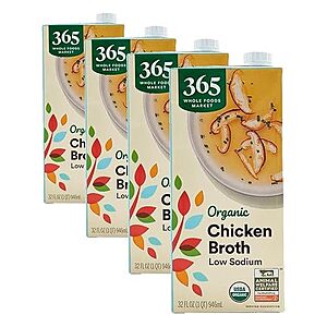 $7.96 FS Prime or $35 AMZ 365 by Whole Foods Market, Organic Low Sodium Chicken Broth, 32 Fl Oz (Pack of 4)