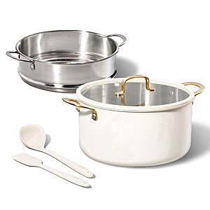 CAROTE 8QT Tri-Ply Stainless Steel Stock Pot with Steamer Insert, 5-Piece Cooking Pot Set with Silicone Utensils $21.99