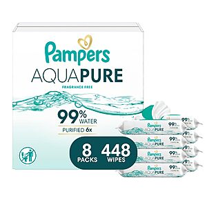 8-Pk 56-Ct Pampers Aqua Pure Fragrance-Free Baby Wipes $15.20 w/ S&S & Clip Q YMMV AMZ