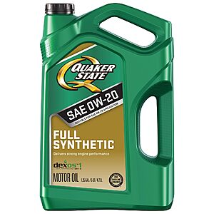 Quaker State Full Synthetic 0W-20 Motor Oil, 5 Quart  $20 FS Amazon Prime or at $35