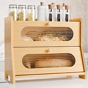 Extra Large 2-Tier Bamboo Bread Box for Kitchen Countertop $22.79