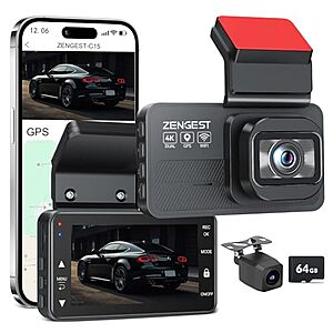 Zengest 4K+1080P Dual Dash Cam w/ GPS, 5G WiFi, ADAS & 64GB Card $35.99 + Free Shipping