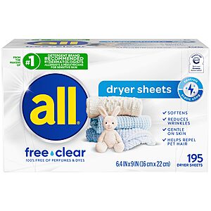 [Select Accounts] 195-Sheets all Free Clear Fabric Softener Dryer Sheets for Sensitive Skin $5.95 w/ S&S + Free Shipping w/ Prime or on $35+
