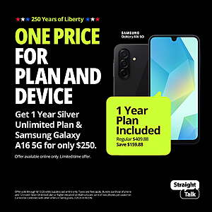 $250 WALMART: Straight Talk Samsung Galaxy A16, 5G, 128GB, Black, Includes 1 Year Silver Unlimited Service Plan -