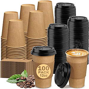 $22.49 FS WALMART PLUS (Marketplace)  100 Pack 12 oz Paper Coffee Cups, Disposable Coffee Cups with Lids and Sleeves