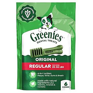 Select Accounts: 6-Count Greenies Regular Dental Dog Treats (Original Chicken, 6 oz) $4.79 w/ S&S + Free Shipping