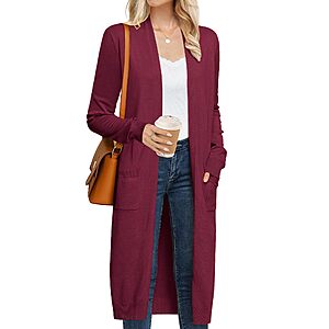 GRACE KARIN Deep Red Cardigan for Women Dressy Long Sleeve Open Front Knit Cardigan Sweater Duster with Pockets Christmas Cardigan (Burgundy,M) $11.5