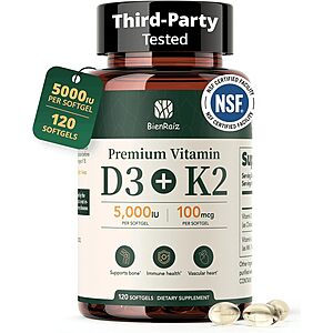 BienRaíz Vitamin D3 K2 5000IU, All-Trans MK-7 100mcg, 120 Softgels $8.99