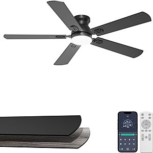 [Prime] Phylluz 52" Flush Mount Low Profile 5-Blade 6-Speed Ceiling Fan w/ LED Light $47.99 & More + Free Shipping