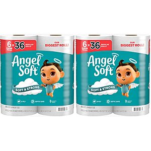 $13.07 (6.54 for 1) or less S&S AMZ Angel Soft Toilet Paper, 6 x 2 Super Mega Rolls = 36 Regular Rolls, Soft and Strong Toilet Tissue (Pack of 12) =72 Reg Rolls