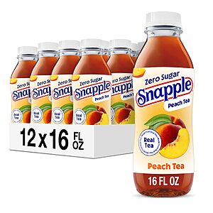 Snapple Zero Sugar Peach Tea, 16 fl oz recycled plastic bottle (Pack of 12)~$9.48 With S&S @ Amazon
