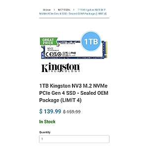 1TB Kingston NV3 M.2SSD $139