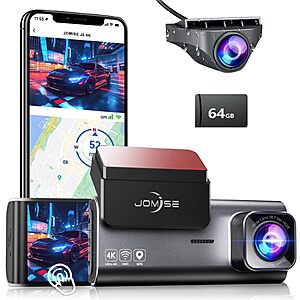 JOMISE 4K Dash Cam Front Rear with 64GB Card & Touch Screen, 4K+1080P Dual Dash Camera for Cars, Built-in GPS Wi-Fi, UHD 2160P Night Vision, WDR, 24H Parking Monitor (J6) $39.99