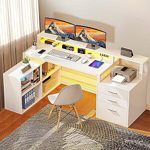 DWVO 65" L-Shaped Desk w/ Built-in Power Strip, Drawers & Shelves $160 + Free Shipping