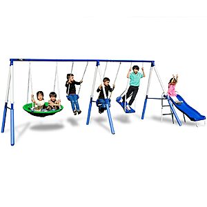 TSC Malibu Swing Set for Kids, Outdoor Metal Playset with 5ft Slide, 38" Saucer, Surfboard Swing, Standing & Blow-Molded Swing – Backyard Fun with 500lbs Max Capacity $199.99