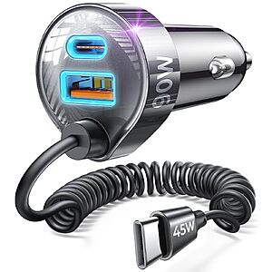 Lisen 90W Car Charger Adapter (45W PD + 30W QC 3.0) w/ 48" 45W Coiled Cable (Black) $7.99 + Free Shipping w/ Prime or orders $35+
