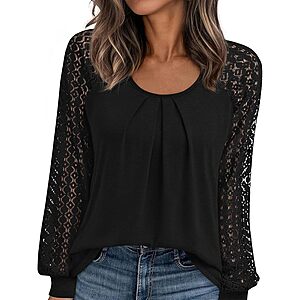 PRETTYGARDEN Women's Long Sleeve Lace Pleated Top (Various) $7.49 + Free Shipping w/ Prime or on $35+