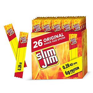[S&S] Slim Jim Smoked Jerky Snack Sticks, Original Flavor, 0.28 oz., 26-ct $5.19 (20 cents/stick) at Amazon S+S after 25% coupon