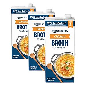 $3.39* | 3-Pack 32oz Amazon Fresh 35% Less Sodium Chicken Broth at Amazon
