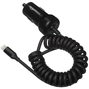 1.5' Amazon Basics 12W (5V, 2.4A) Fast Car Charger with Coiled Lightning Cable, MFi Certified for iPhone, iPad and Apple Devices, 1.5 ft, Black $2.76