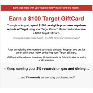 YMMV: $100 Target GiftCard after $1,000 Circle Mastercard spend outside of Target