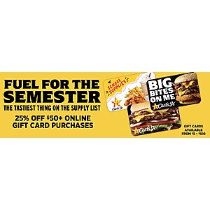 25% off $50+ Online purchase of Carl's Jr Gift Cards $37.5