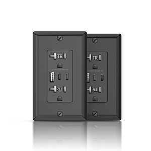 2Pack USB Wall Outlet, 30W 6.0 Amp Charging Power Outlet with Dual Type C & A Ports, 20A $7
