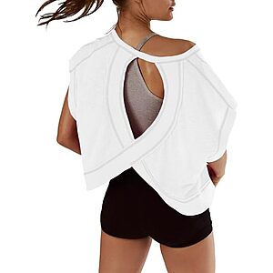 Kumufenc Women Short Sleeve Workout Shirts Open Back Tops Casual Yoga Y2k Athletic Gym Slouchy Crop Running Tees $12.36