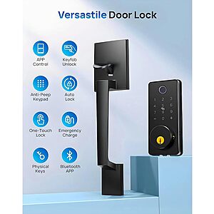 WiFi Smart Keyless Entry Door Lock Set w/Front Door Handle, 0.1s Fingerprint Biometric Unlock, Auto Lock, APP Remote/Passcodes/Cards Control, Keypad Deadbolt, $34.75