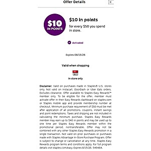 At Staples In Store - $10 in points on your purchase of $50 or more up to $40 in rewards Max. (YMMV)
