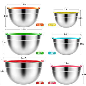 $17.99: TINANA 6 Pack Stainless Steel Mixing Bowls with Lids(4.5/3/2.5/2/1.5/0.75QT) Multicolor/Khaki at Walmart.com