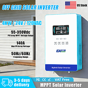 EASUN Power 4KW 110V Hybrid Solar Pure Sine Wave Inverter 24V 140A MPPT 350VDC $205 + Free S/H