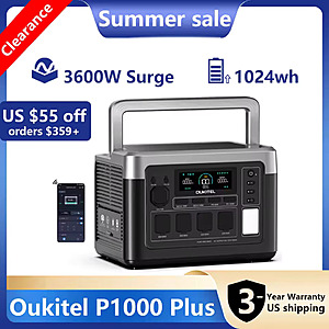 OUKITEL P1000 PLUS Portable Power Station, 1024Wh LiFePO4, 1800W (3600W Surge); free s&h $287.23