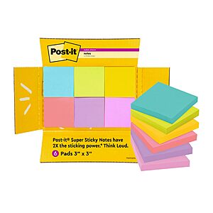 6 Pads Post-it Super Sticky Notes, 3 x 3 in, Assorted Brights(90 sheets per pad) $5.61 + Free S&H w/ Prime or $35+