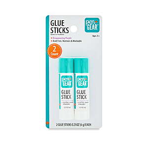 25c FREE SHIP WALMART+ Pen+Gear School Glue Sticks, Washable/Disappearing Purple, 0.21 oz 2 Count, Dry Time 3 Min