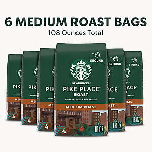 $65.73 FS WALMART+ (6 pack) Starbucks Pike Place Roast, Ground Coffee, Medium Roast Hot or Iced Coffee, 18 oz ($10.95 per bag)