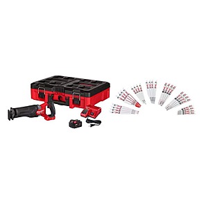 Milwaukee M18 FUEL 18V Brushless SAWZALL w/ PACKOUT Box, 5. 0Ah Battery, Charger with SAWZALL 32-Pc Blade Set $269