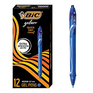 $4.90 - BIC Gelocity Quick Dry Blue Gel Pens, Medium Point, 0.7 mm, 12-Count Pack