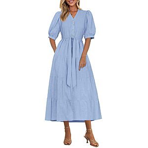 PRETTYGARDEN Women's Short Sleeve V Neck Ruffle A Line Belted Long Dress (Light Blue or Green) $19.99 + Free Shipping w/ Prime or on $35+