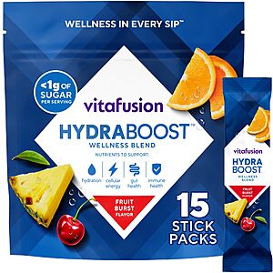 15-Count Vitafusion Hydraboost Electrolyte Drink Powder Packets (Fruit Burst) $7.52 + Free Shipping w/ Prime or on $35+